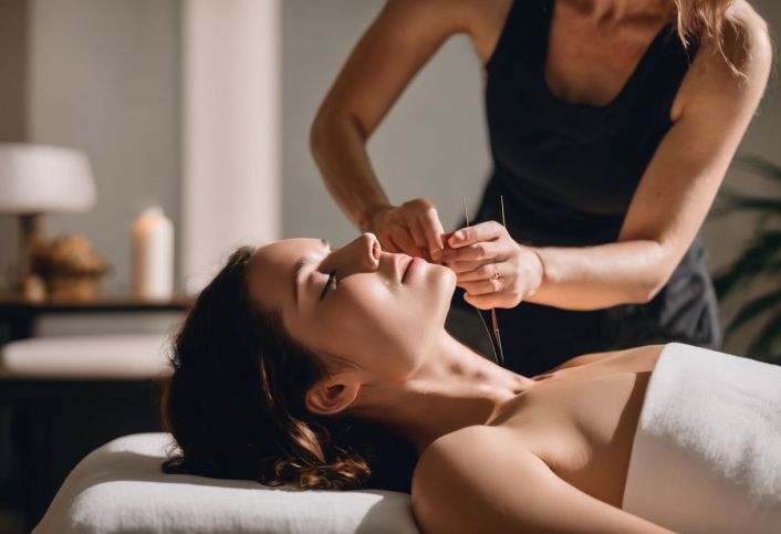 A person receiving acupuncture treatment in a serene wellness center.